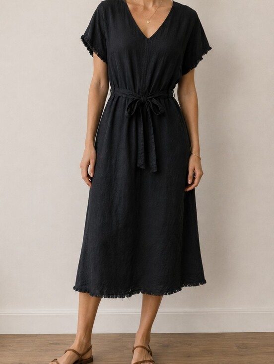 Velvet Heart Dresses & Skirts - Velvet Heart Black Linen V-Neck Belted Midi Dress Size Small